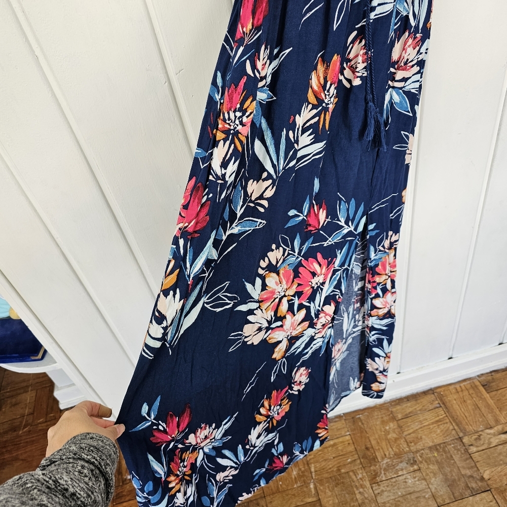 Band of Gypsies Smocked Bodice Blue Pink Floral Boho Tassel Slit Maxi Dress Med. - Picture 11 of 16